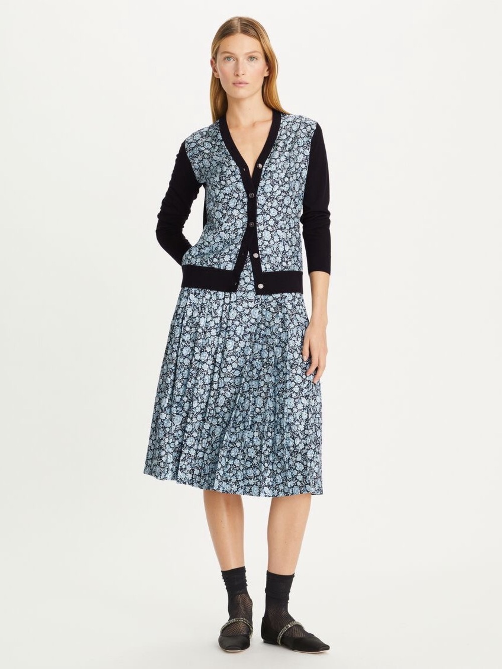 NWT $598 Tory Burch Pleated Silk Skirt In Blue Archive Ditsy